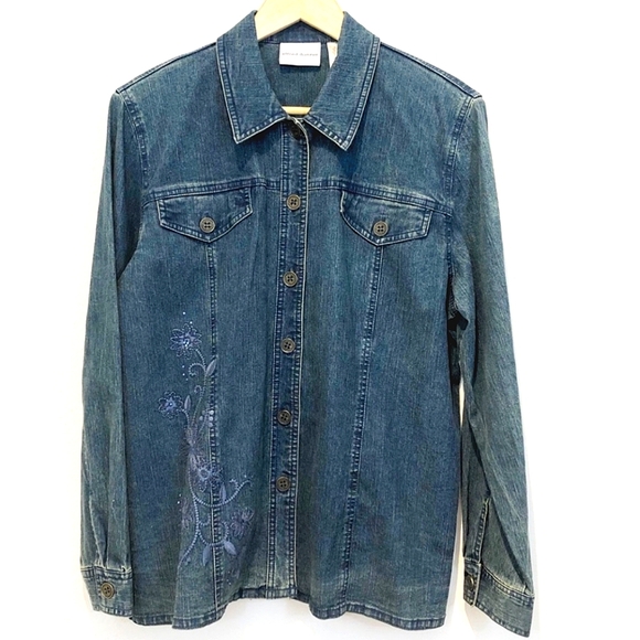 Alfred Dunner Jackets & Blazers - Alfred Dunner Denim Jean Jacket Floral Embroidery Rhinestones Size 12